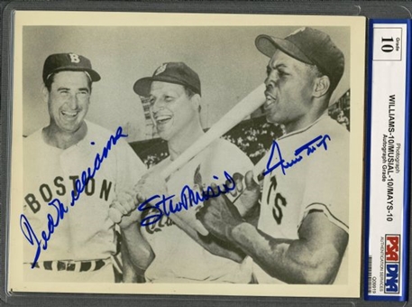 Ted Williams, Willie Mays, & Stan Musial Signed B&W 8x10 Slabbed & All 3 Signatures PSA Gem Mint 10